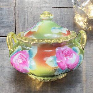 Antique Nippon Porcelain Hand Painted Sugar Bowl Small Container Jar Beaded VTG